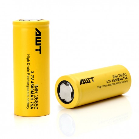 Authentic AWT IMR 26650 4500mAh 3.7V 75A Rechargeable High Drain Flat Top Batteries - (2 PCS)