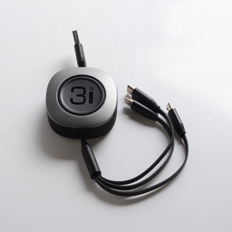 Authentic ROCK G3 Retractable 3 in 1 3.6A Fast USB Charge & Sync Cable - Black, ABS + TPE + Al-alloy, 1200mm Length
