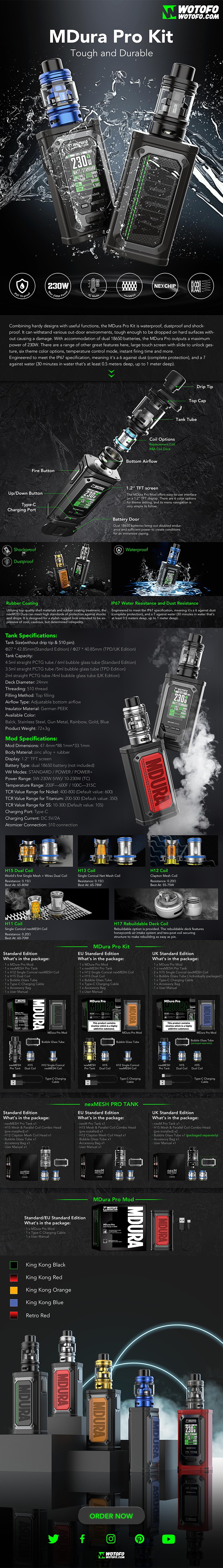 Auténtico Wotofo Mdura Pro 230W TC VW Box Mod + Nexmesh Pro Tank Vape Kit
