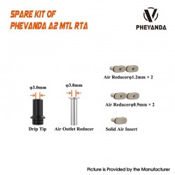 Original Phevanda A2 RTA MTL Air Set - 510 Drip Tip / Air Outer Reducer / 2 x 1.2mm / 2 x 0.9mm Air Reducer / Solid Air Insert