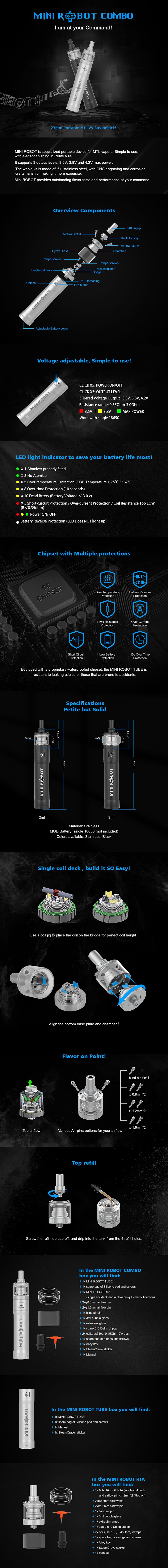 Steam Crave Mini Robot Tube Mod + MTL RTA Vape Kit
