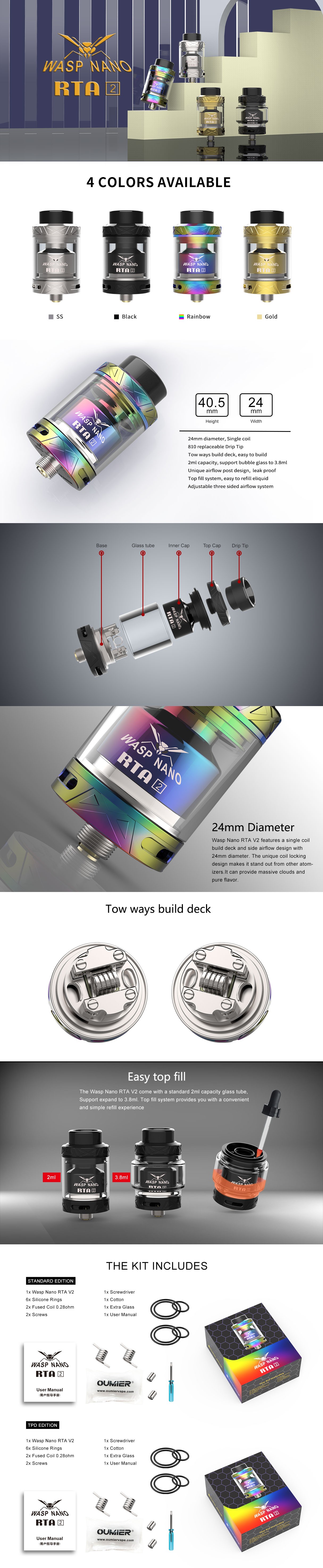 Oumier wasp nano RTA 2 tanque reconstruível Vape Atomizador