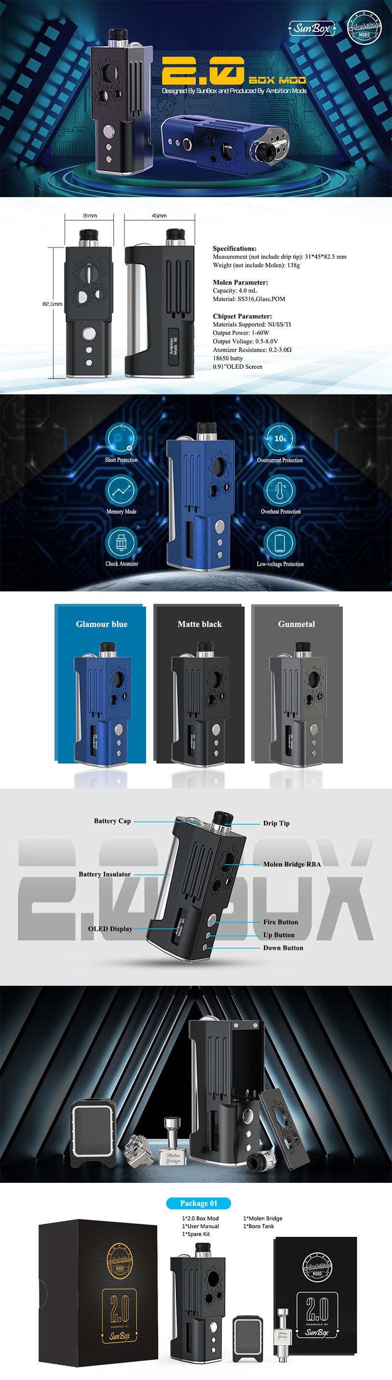 Authentic Ambition Mods 2.0 60W Box Mod AIO Vape Kit with Molen