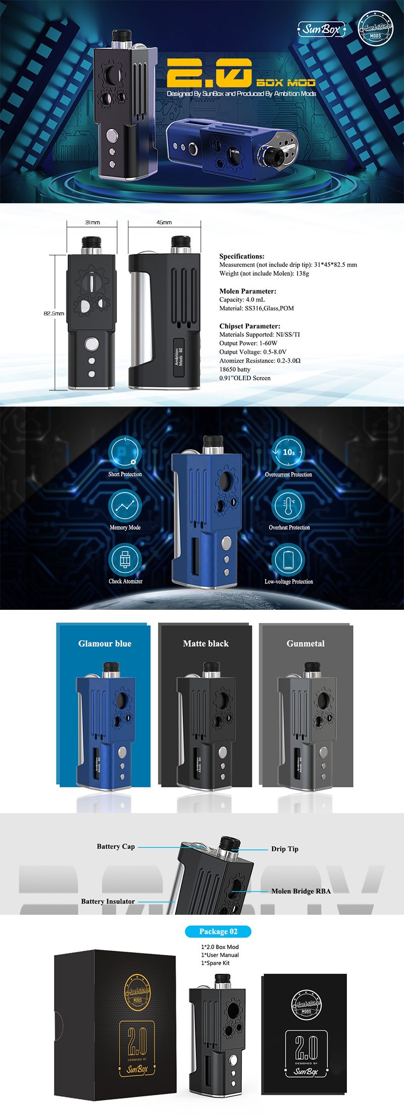 Mods de ambición y caja solar 2.0 60W Box Mod Aio Vape Kit