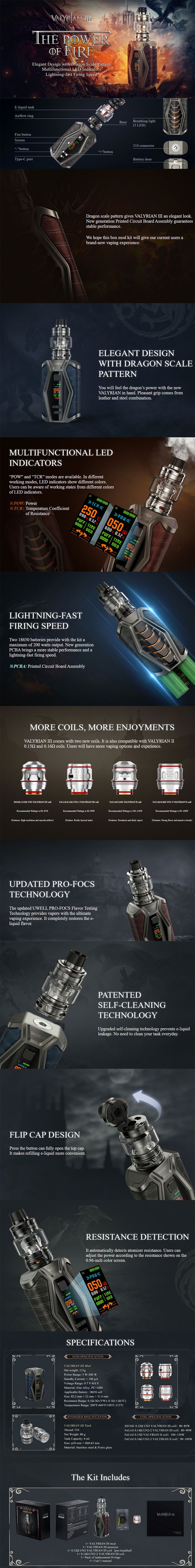 Uwell Valyrian III 3 200 Вт VW Vape Box Mod + Atomizer Kit