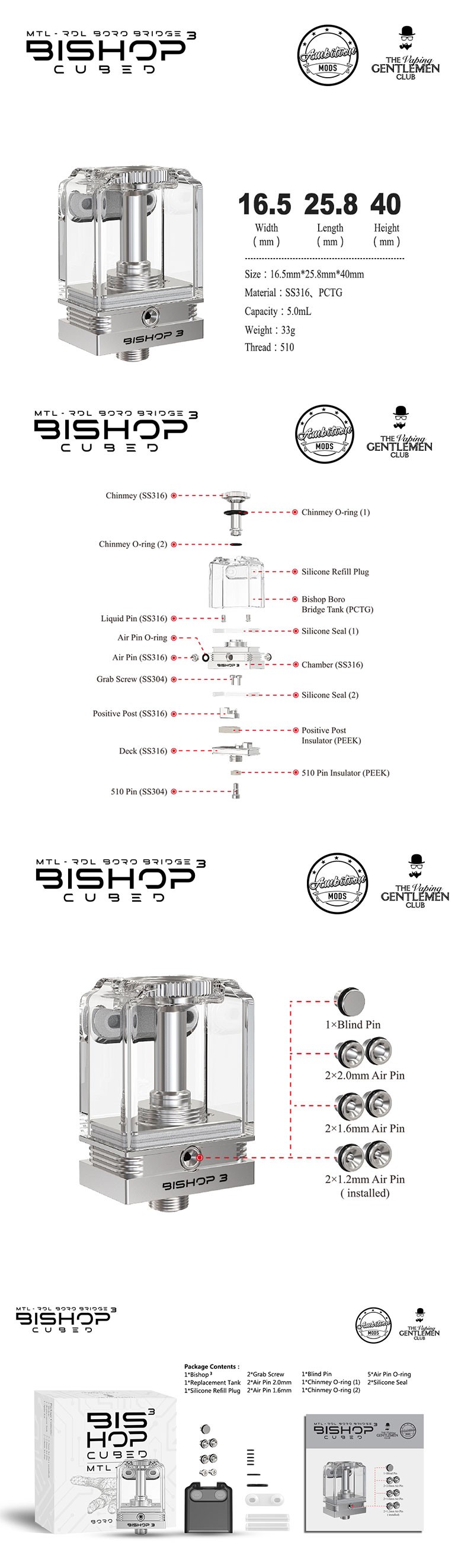 Ambition Mods Bishop 3 Bishop³ Cubed RBA Tank for SXK BB / Billet Boro Box Mod Kit