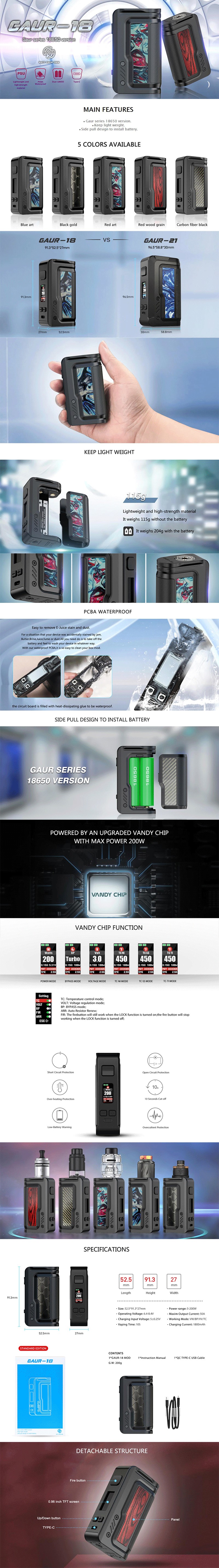Vandy Vape Gaur-18 200W VW Vape Box Mod