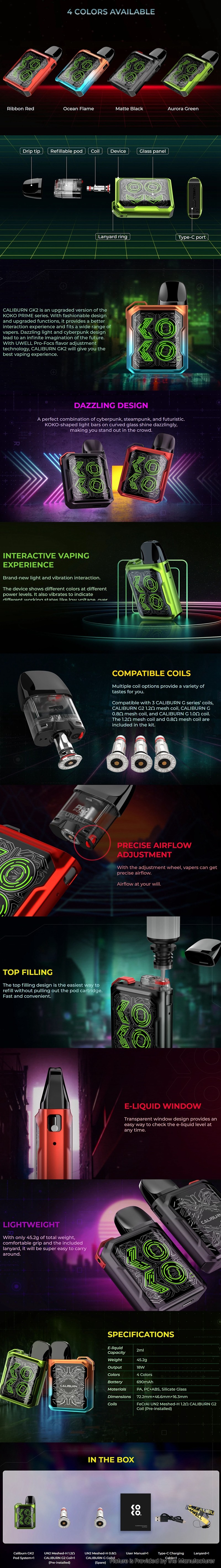Uwell Kit del sistema de POD de 18W Caliburn GK2 18W