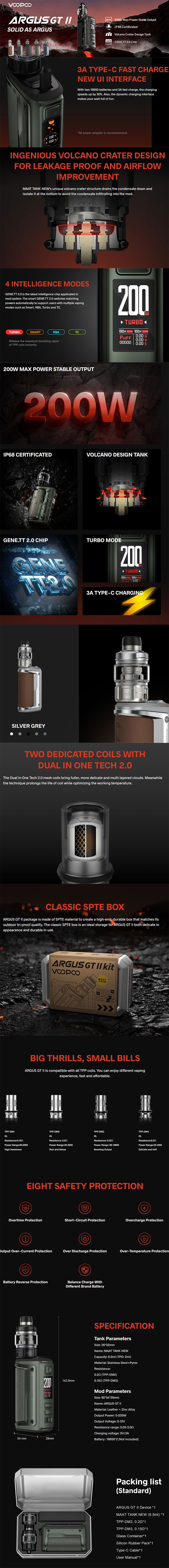 Voopoo Argus GT II 2 200W VW Vape Box Mod Kit con tanque Maat