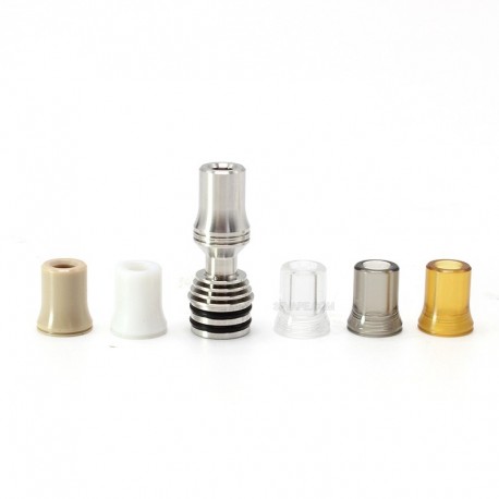 Four One Five 415 Tombo Giri Baby Style 510 Drip Tip Kit - Silver, 1 x 510 Base + 6 x Mouthpiece SS + Peek + PET + Ultem + PC