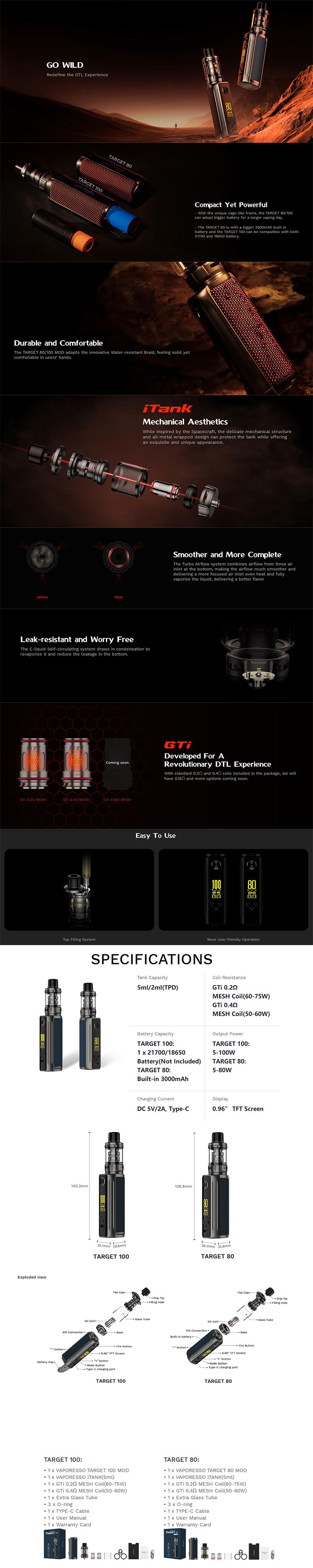 Authentique Vaporesso Target 100 Mod Kit avec atomiseur Itank 2