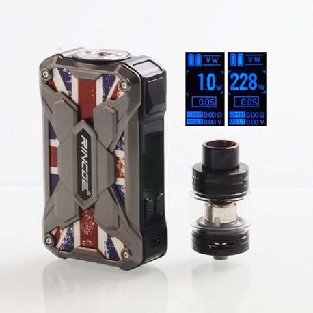 Authentic Rincoe Mechman 228W TC VW Box Mod + Mechman Mesh Tank Kit - Steel Wing Union Flag SS, 1~228W, 2 x 18650, 4.5ml