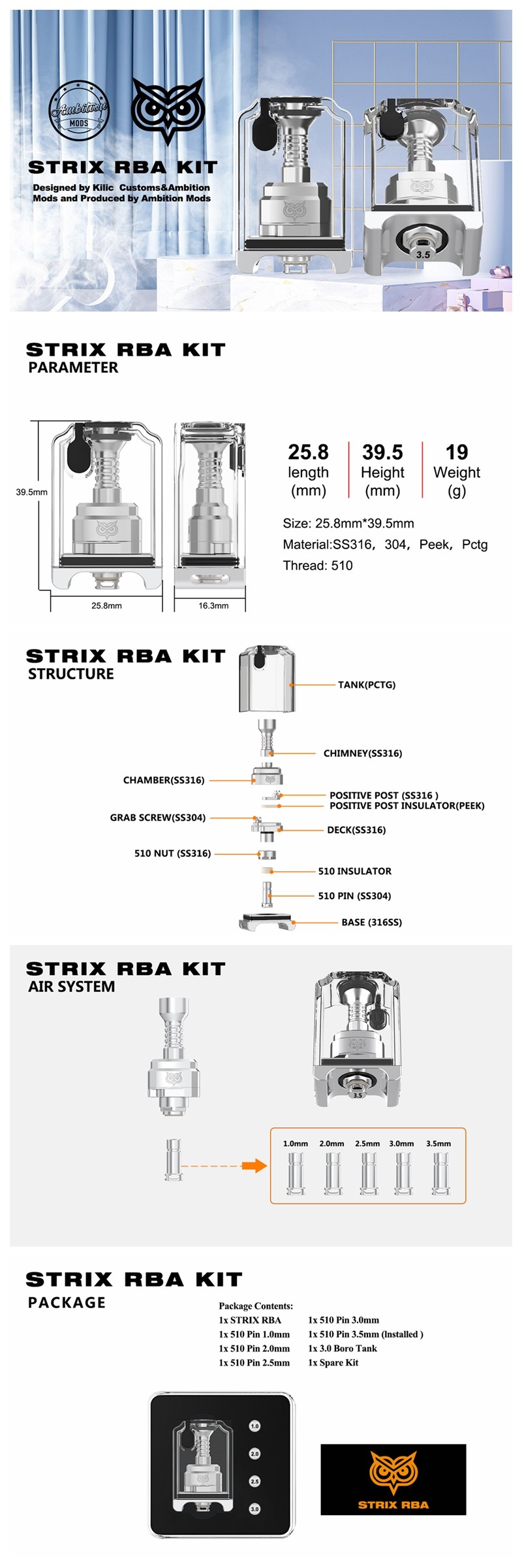 Authentique Ambition Mods Strix RBA Kit de réservoir Boro pour billette / bb / boro Mod