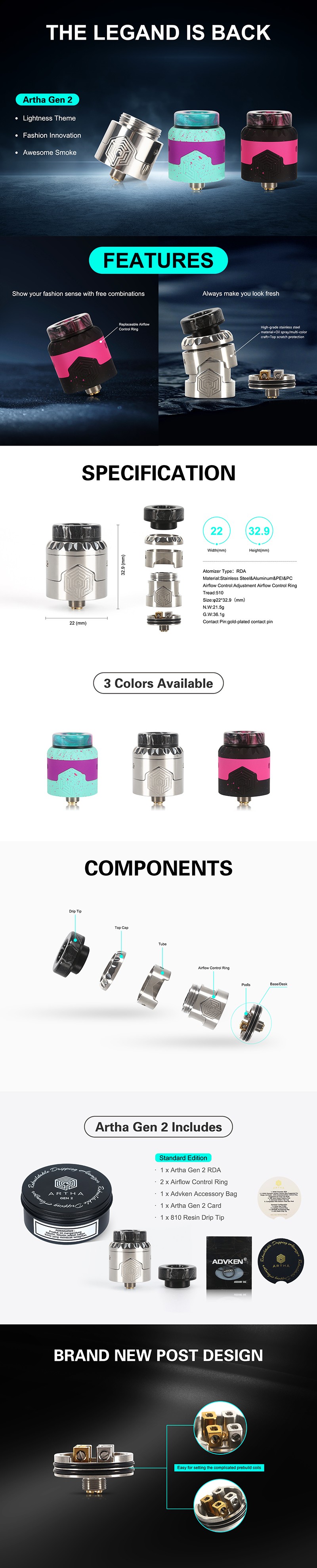 Advken Artha Gen 2 RDA Rebuildable Dripping Atomizer