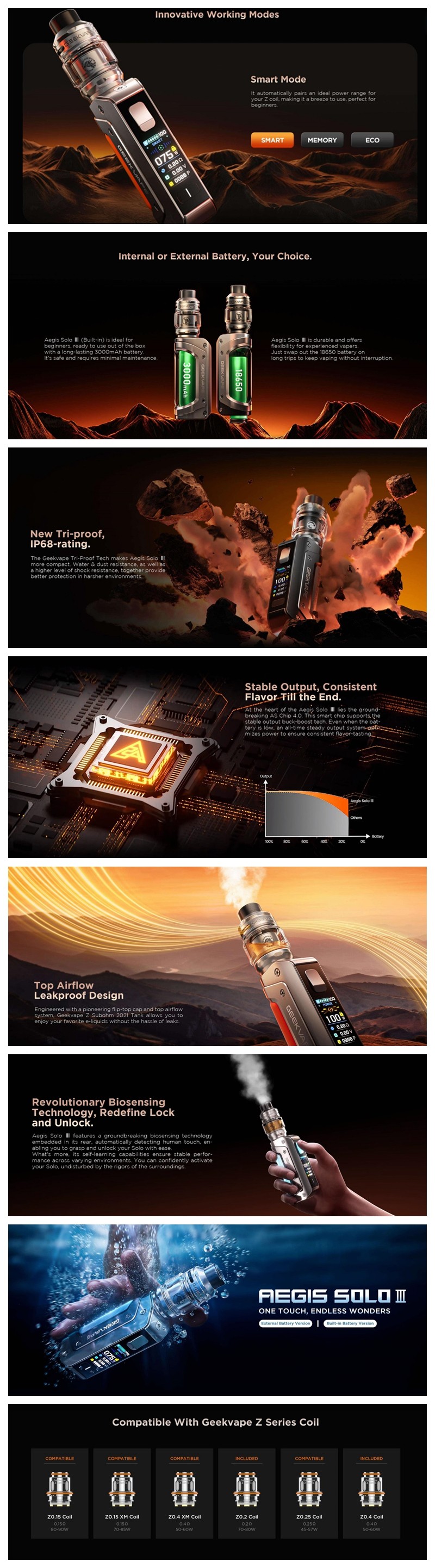 Authentic GeekVape Aegis Solo 3 S100 100W Box Mod Kit + Z Subohm 2021 5.5ml