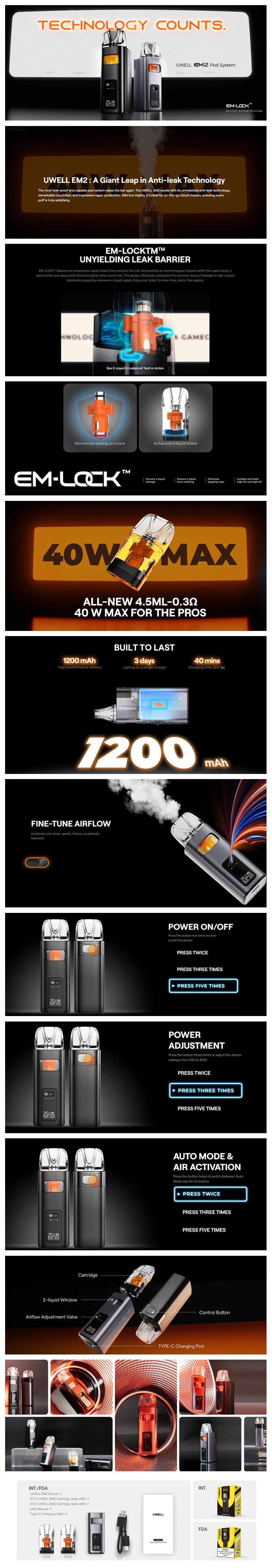 Authentic Uwell EM2 40W Pod System Kit