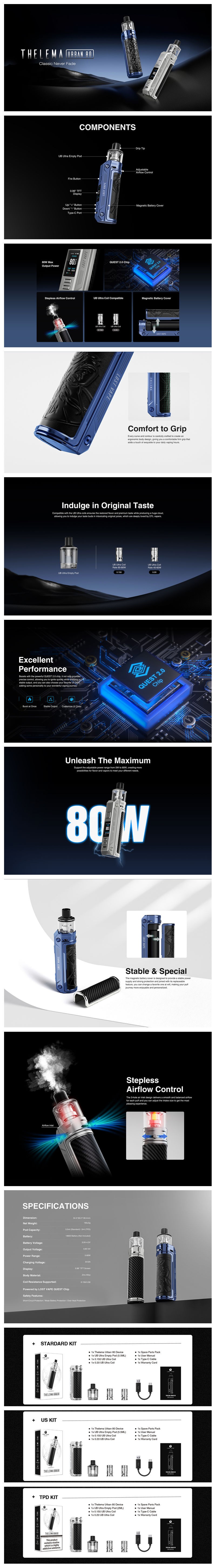 Authentic Lost Vape Thelema Urban 80W Box Mod Kit with UB Ultra Pod