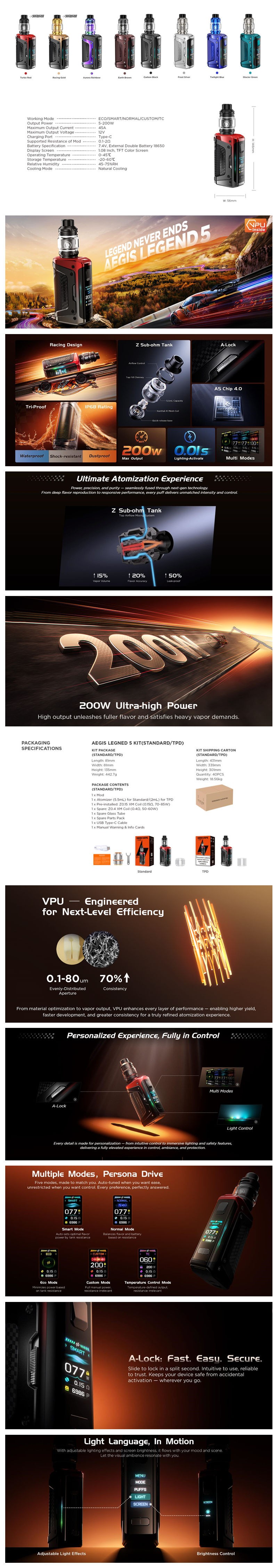 Authentic GeekVape Aegis Legend 5 220W Mod Kit with Z Sub Ohm Tank