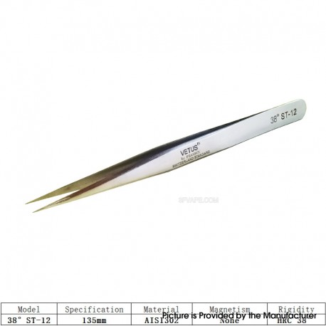 Authentic VETUS ST-12 HRC 38 Professional Tweezers Tool Non-magnetic Stainless Steel Pointed Tip - Silver