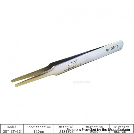 Authentic VETUS ST-13 HRC 38 Professional Tweezers Tool Non-magnetic Stainless Steel Pointed Tip - Silver