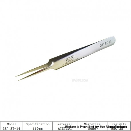 Authentic VETUS ST-14 HRC 38 Professional Tweezers Tool Non-magnetic Stainless Steel Pointed Tip - Silver