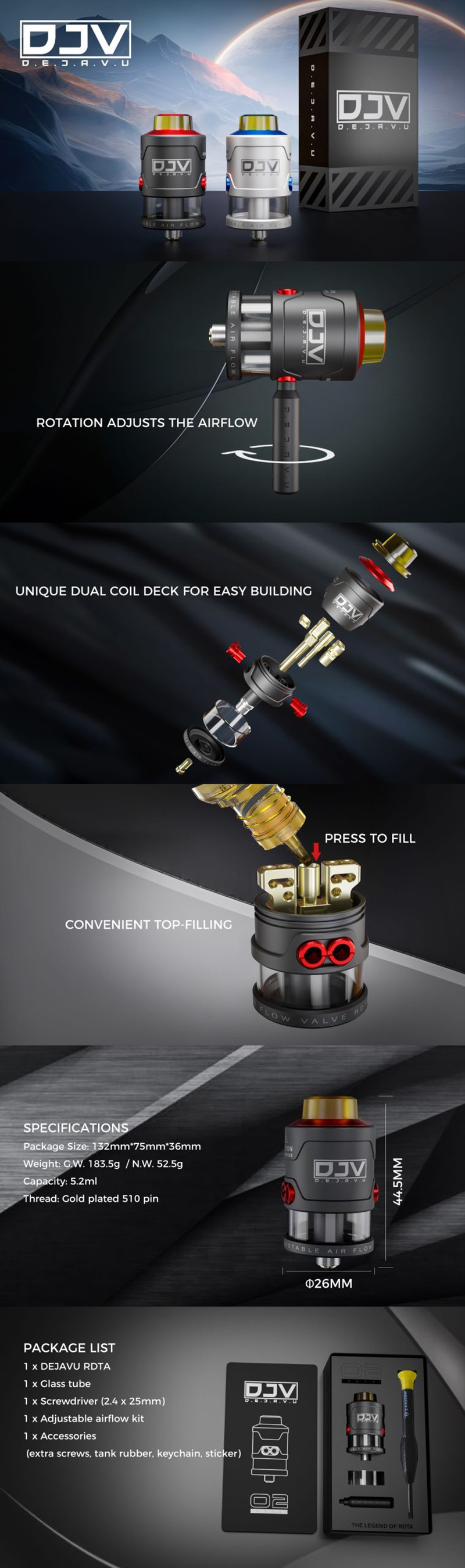 Authentic DEJAVU RDTA V2 Rebuildable Dripping Tank Atomizer