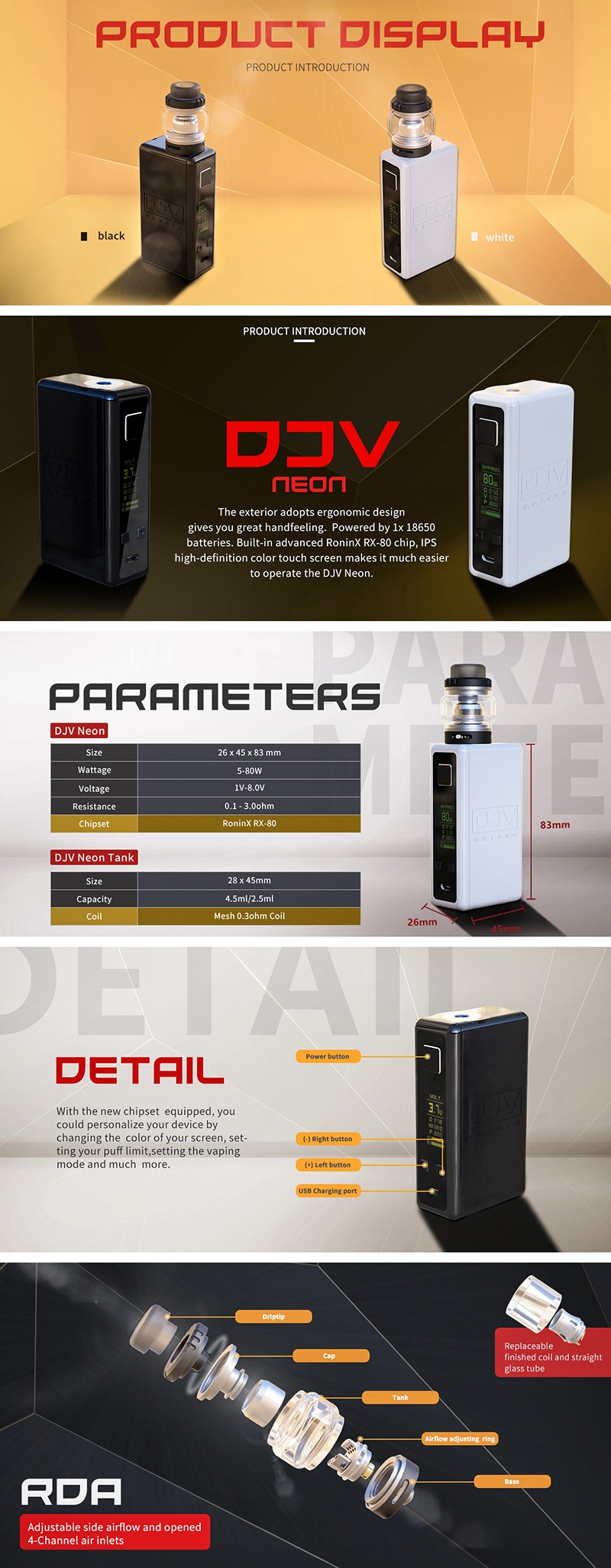 Authentic DEJAVU Neon 80W TC VW Variable Wattage Box Mod w/ Neon Atomizer Tank Kit