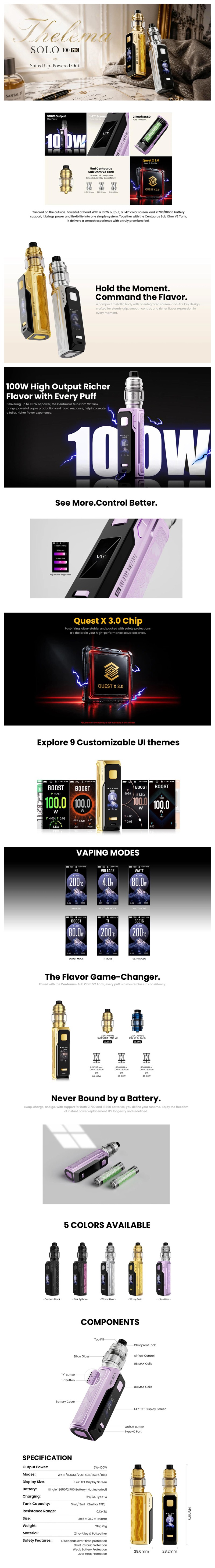 Authentic Lost Vape Thelema Solo 100 Pro 100W Mod Kit