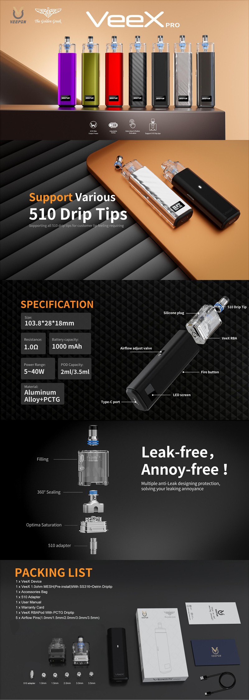 Authentic Veepon x Golden Greek Veex Pro 40W Pod System Vape Kit with RBA Tank Kit