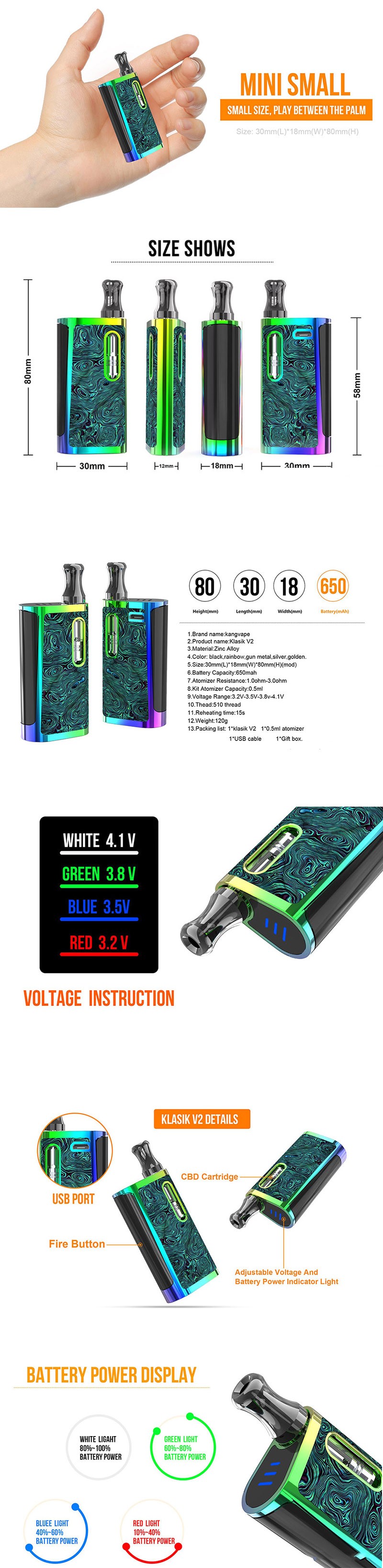Buy Authentic Kangvape Klasik V2 650mah Rainbow Vv Mod Kit W Atomizer