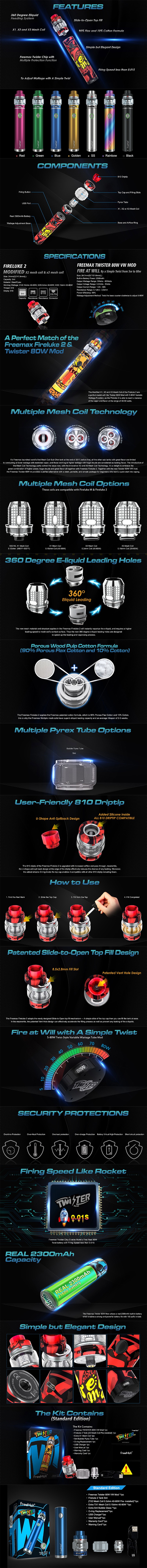 FreeMax Twister 80W 2300mAh VW Battery w/ Fireluke 2 Tank Starter Kit
