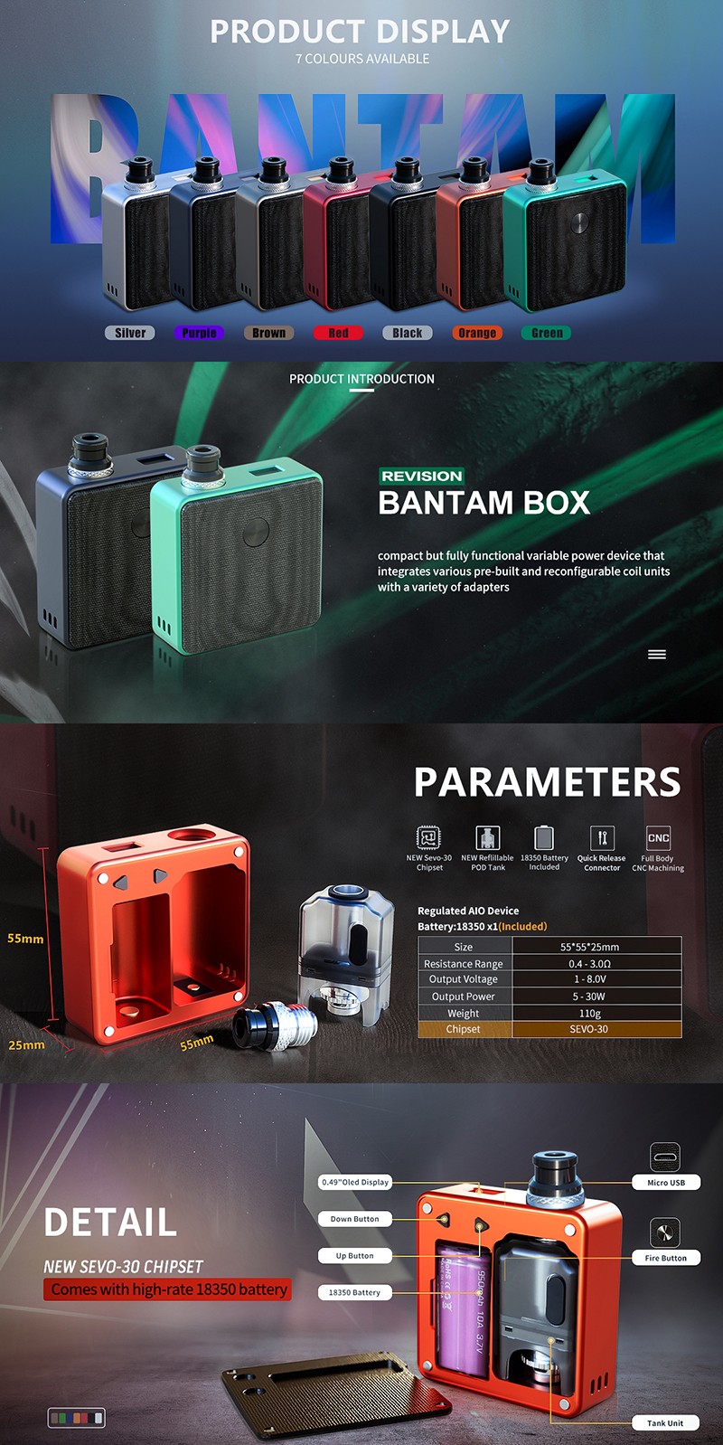 [Ships from Battery Warehouse] Authentic SXK Bantam Revision 30W VW Box Vape Mod Kit w/ 18350 Battery