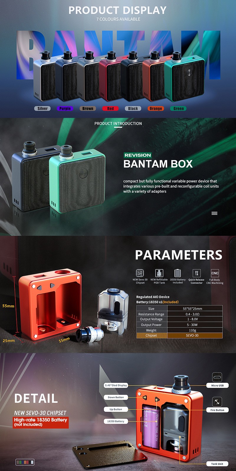 SXK Bantam Revision 30W VW Variable Wattage Box Vape Mod Kit w/o 18350 Battery