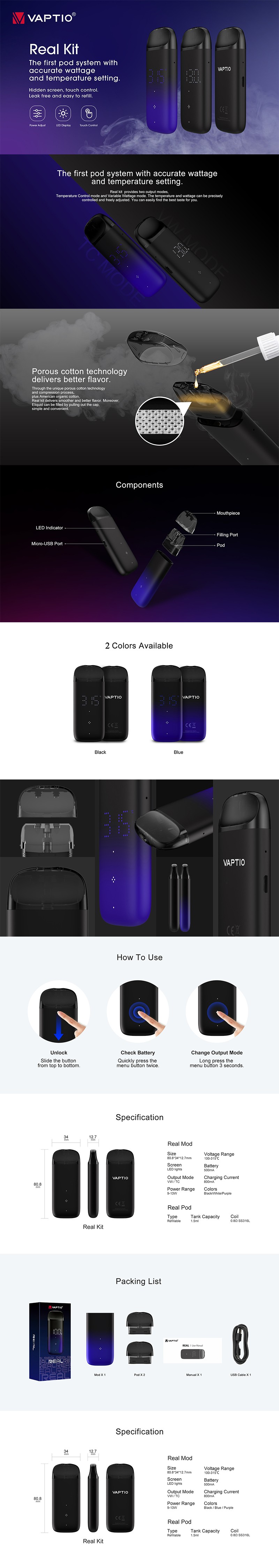 Vaptio Real 13W 500mAh TC VW Touch Pod System Vape Starter Kit