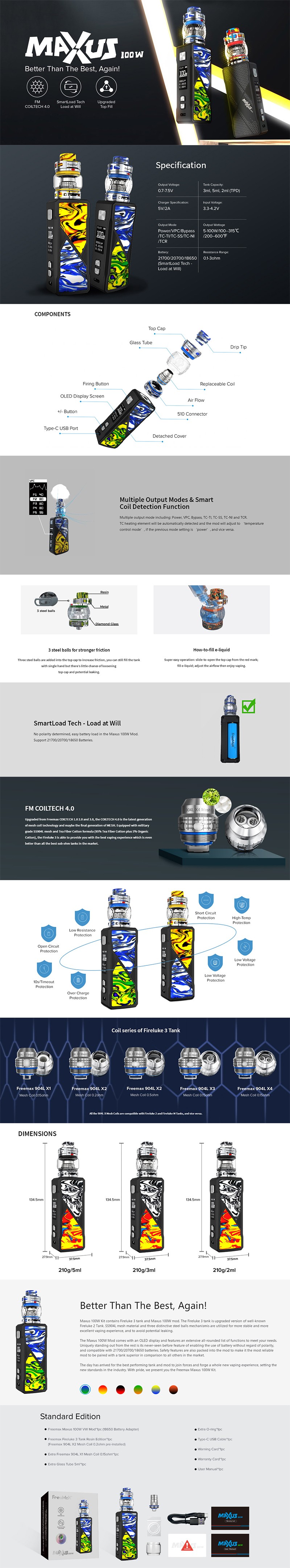 Freemax Maxus 100W TC VW Box Mod + Fireluke 3 Tank