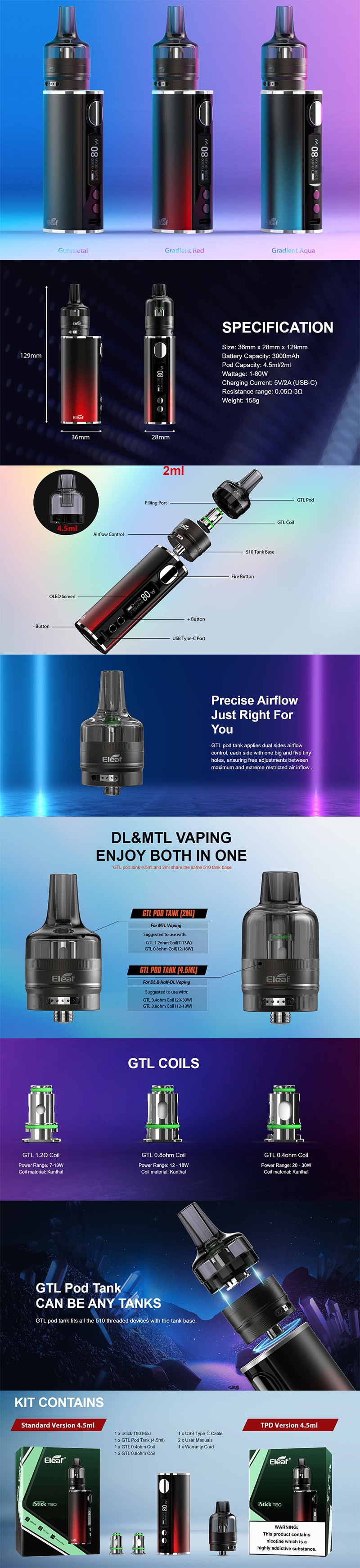 Buy Eleaf Istick T80 Kit 3000mah 80w Box Mod With Gtl Pod Tank Gun