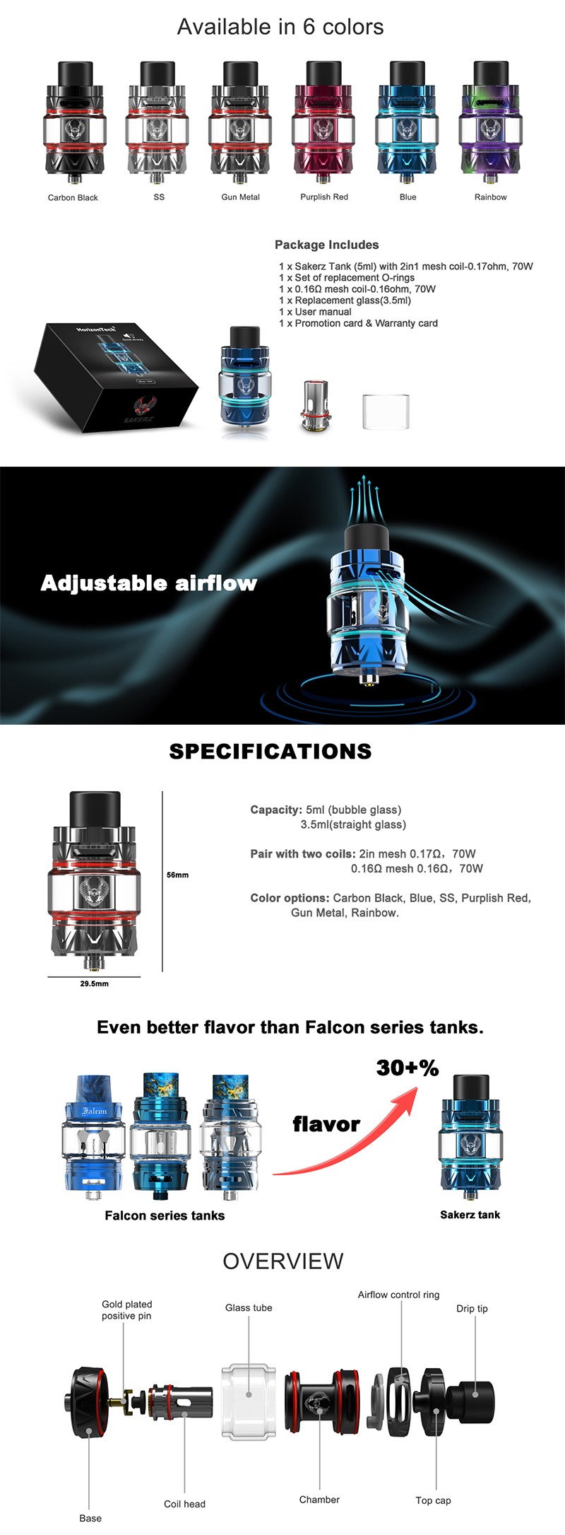 Horizon Authentic Sakerz Sub OHM Tank Clearomizer Vape Atomizer