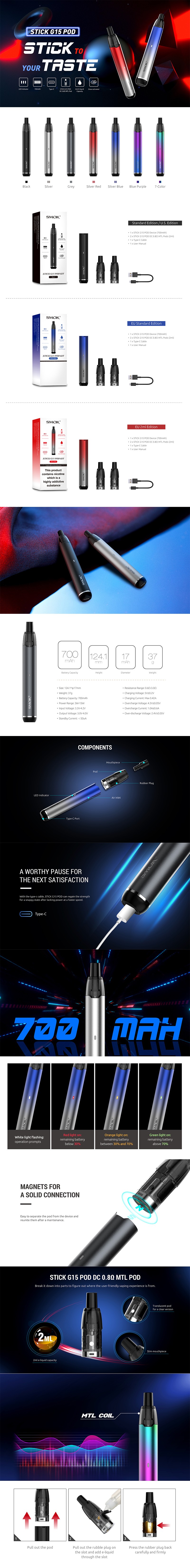 정통 SMOK Tech SMOK Stick G15 POD 시스템 Vape 스타터 키트