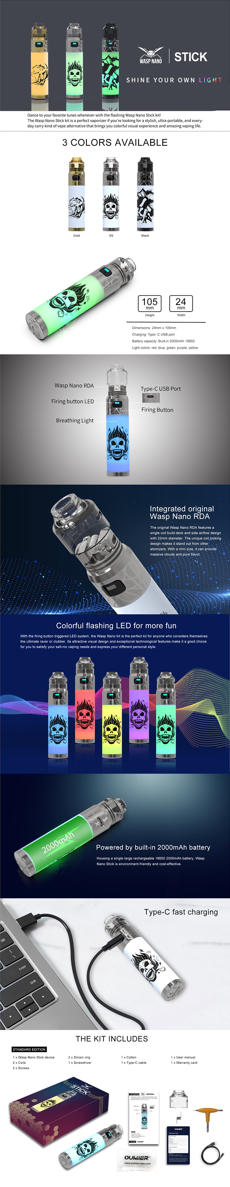 Authentic Oumier Wasp Nano Stick Pod System Mod + Wasp Nano RDA Vape Starter Kit