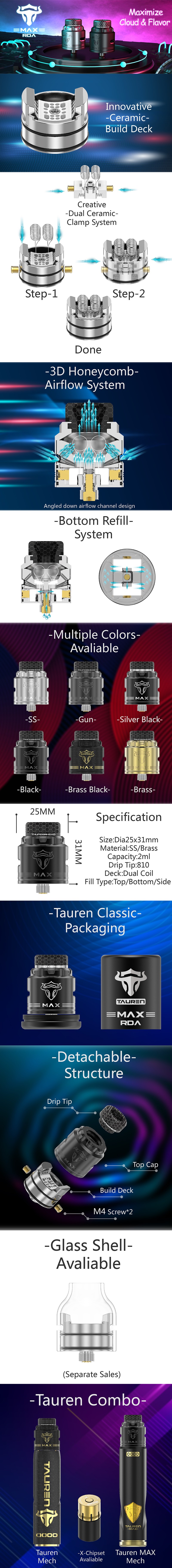 Kreasi guntur otentik thc tauren max rda rebuildable dripping vape atomizer w/ bf pin