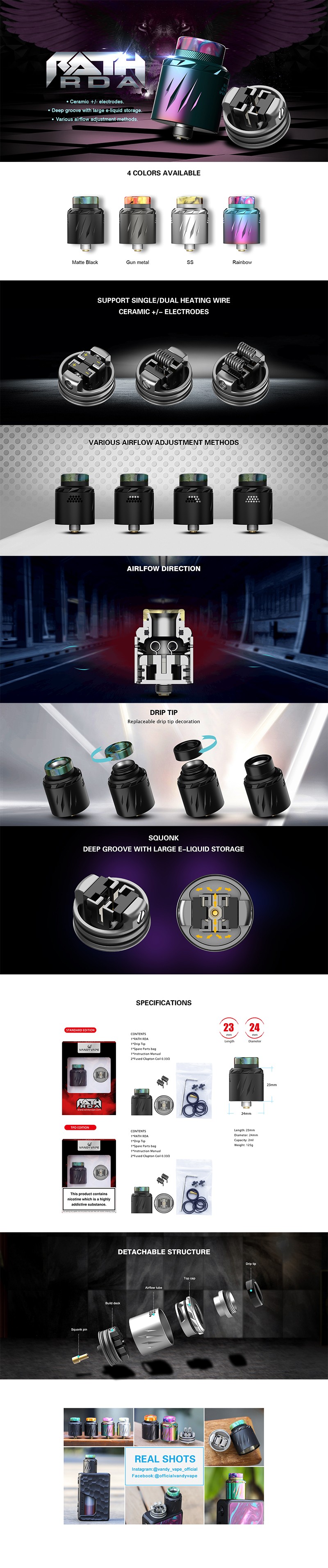 Autentico Atomizzatore a vaporizzatore ricostruibile Vandy Vape Rath RDA
