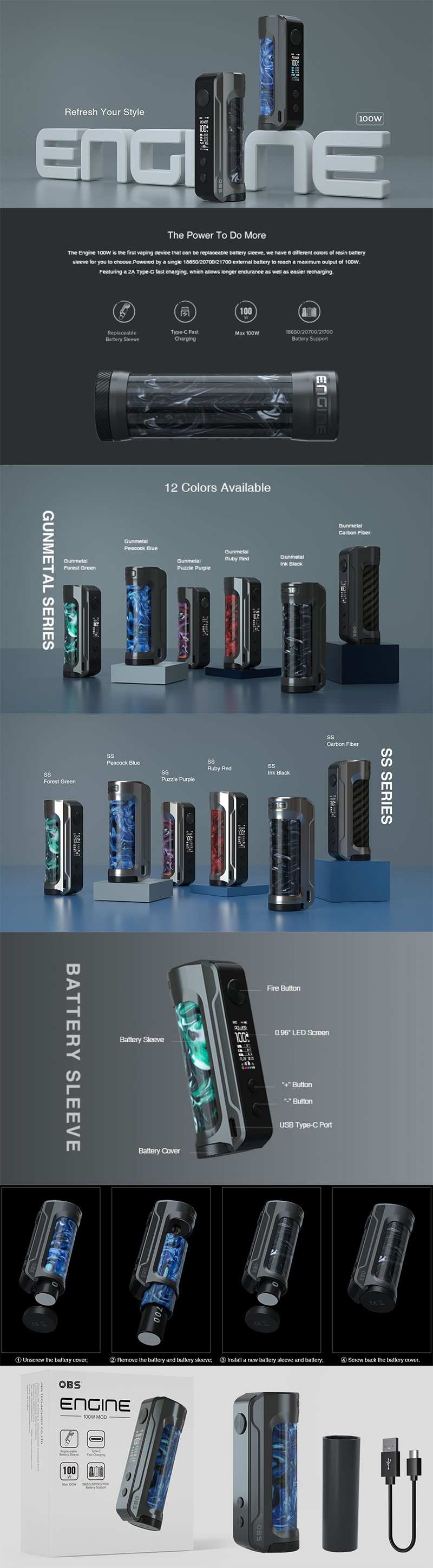 Authentische OBS Engine 100W VW Variable Wattage Vape Box Mod