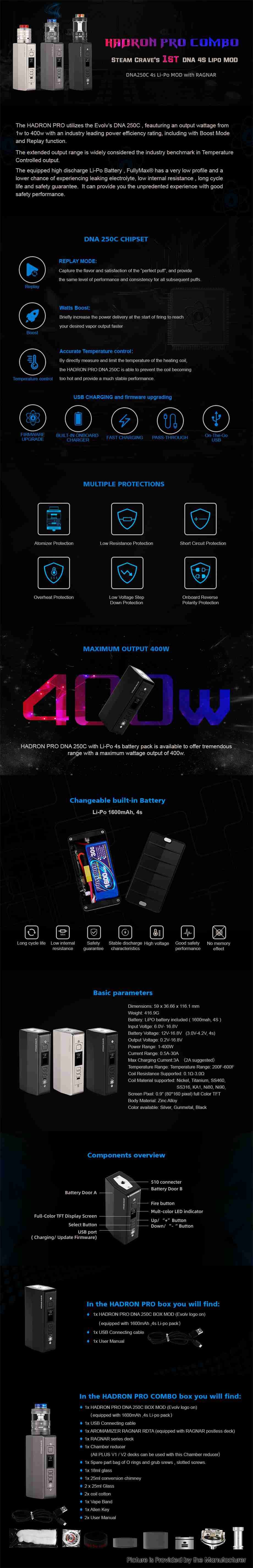 Authentic Steam Crave Hadron Pro Combo Kit DNA 250C Mod +Aromamizer Ragnar RDTA