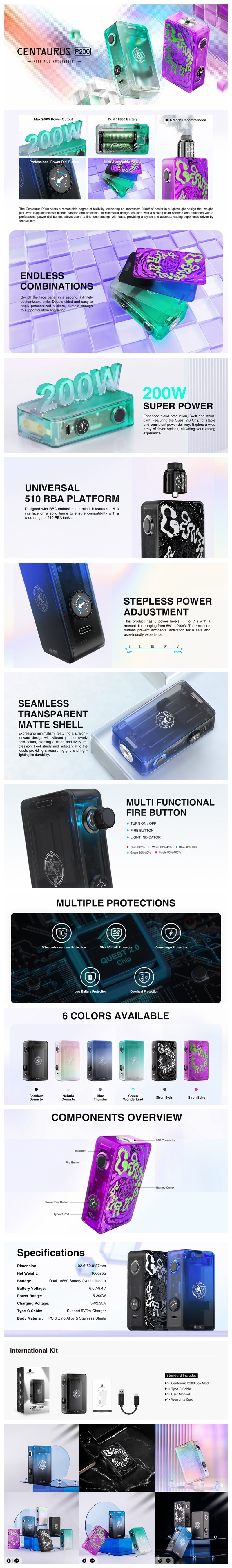 Authentic Lost Vape Centaurus P200 200W Box Mod