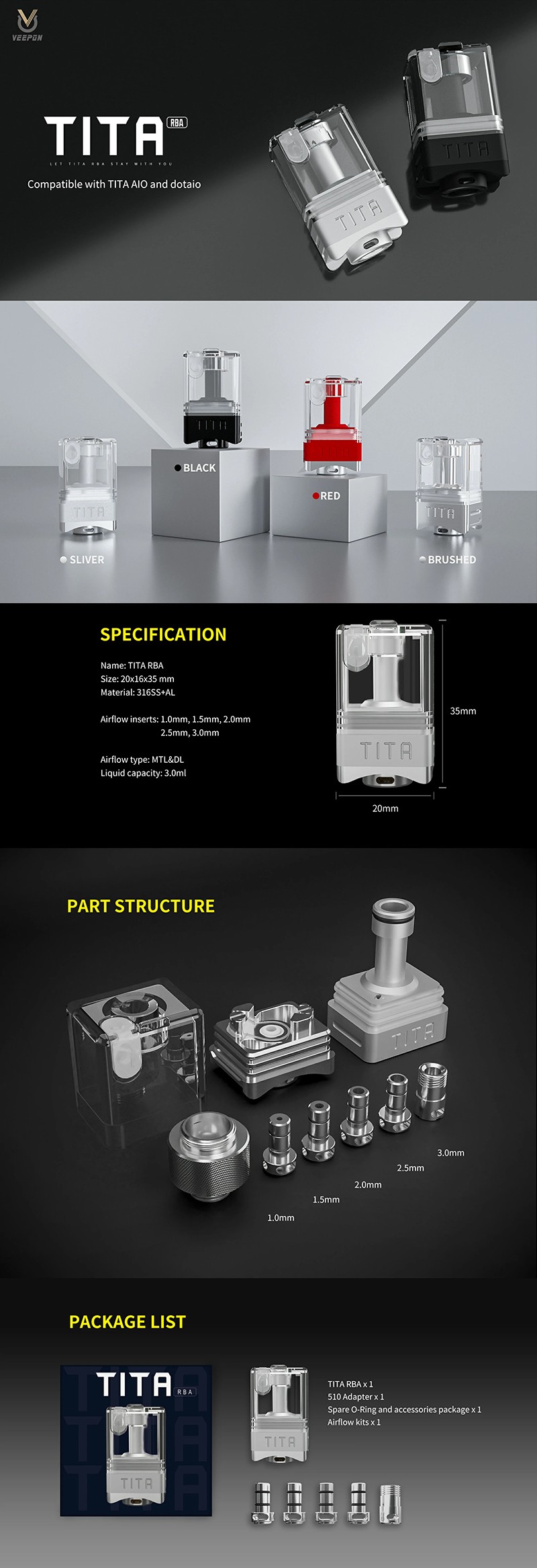 Authentic Veepon Tita RBA Tank Kit for DotAio / Tita AIO