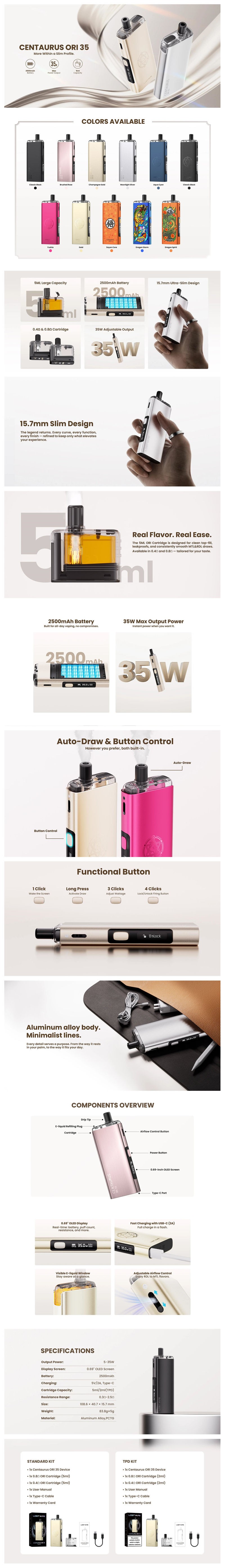 Authentic Lost Vape Centaurus Ori 35 35W Pod System Kit