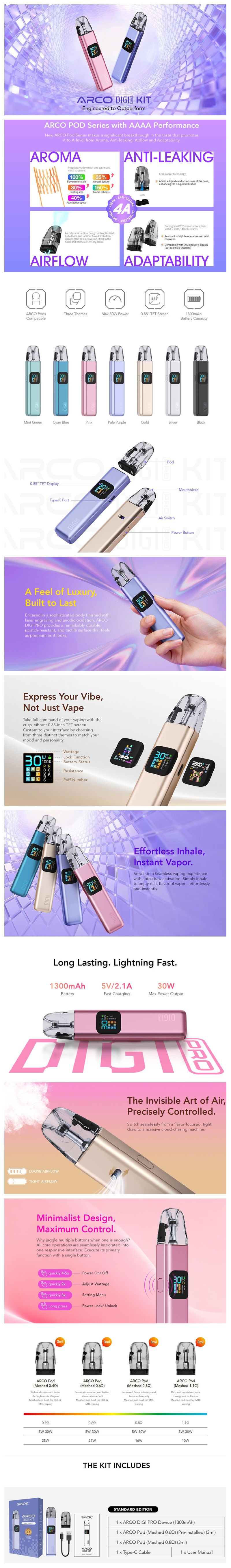 Authentic SMOK ARCO DIGI Pro 30W Pod System Kit 1300mAh 3ml
